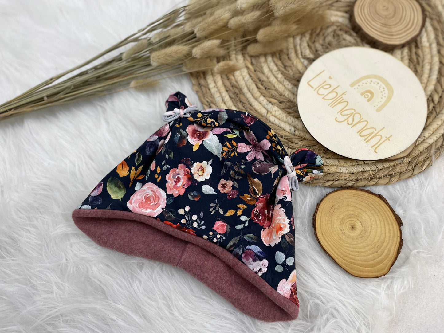 Öhrchenmütze gefüttert, Blumen Mix blau