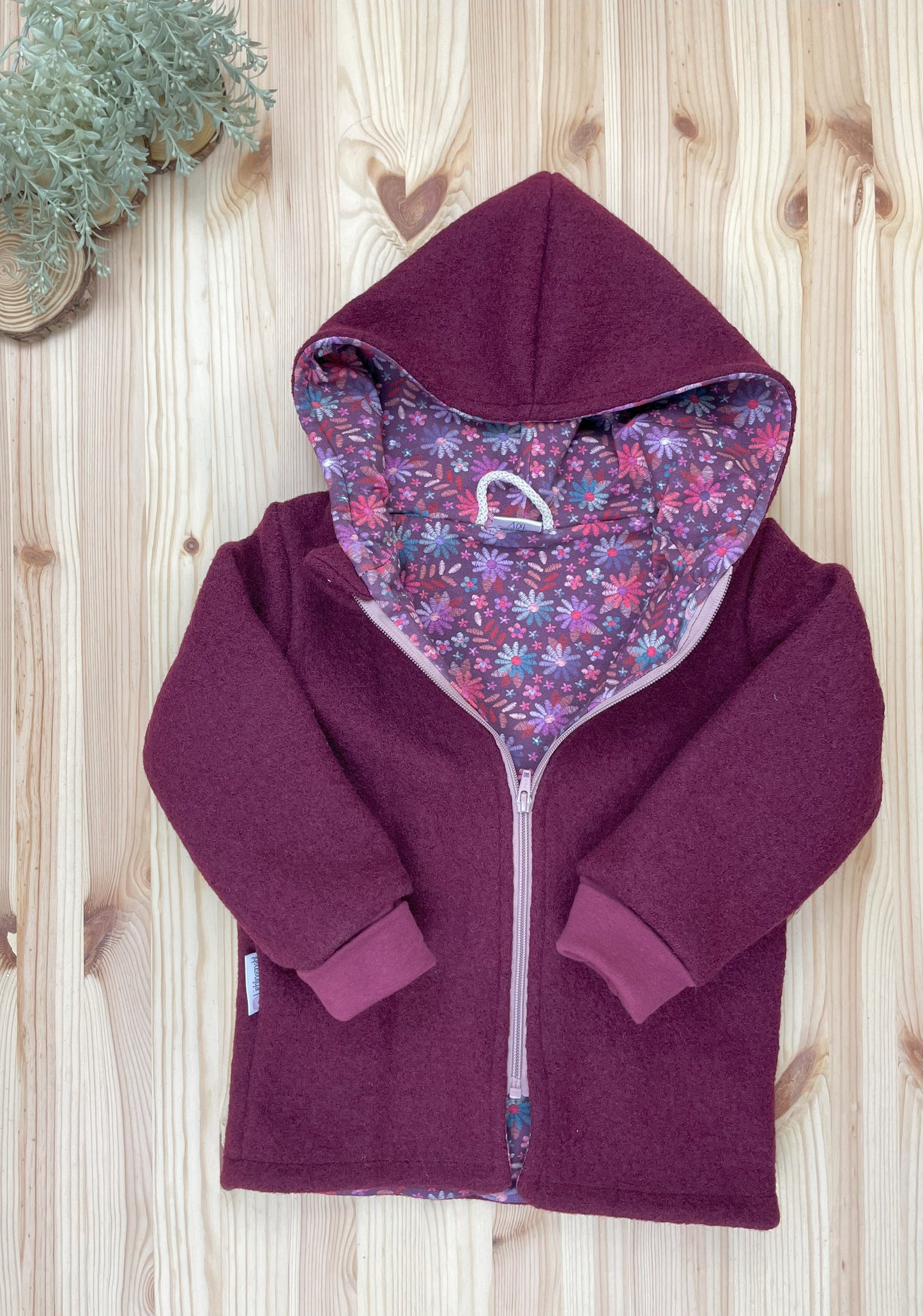 Wollwalkjacke Bordeaux-Rot Retro Blumen